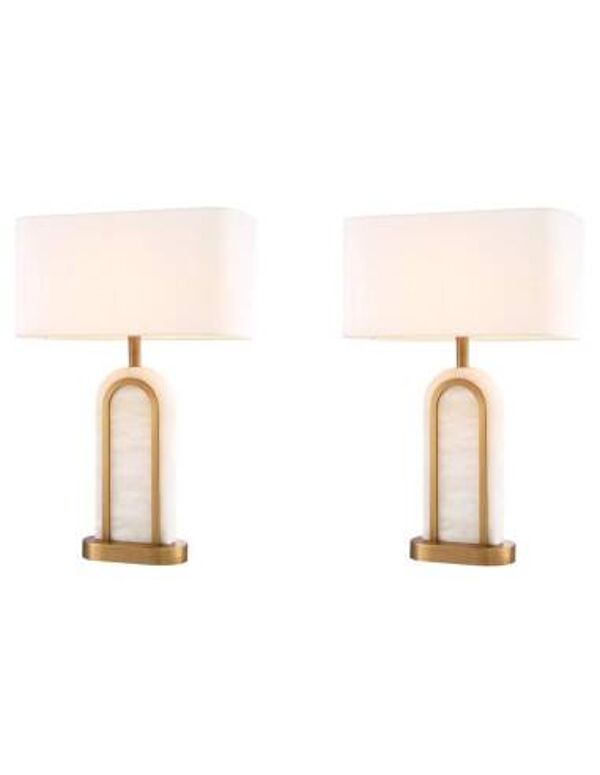 Paire de lampes de table, finition laiton antique et albâtre, luxe intemporel et charme vintage.