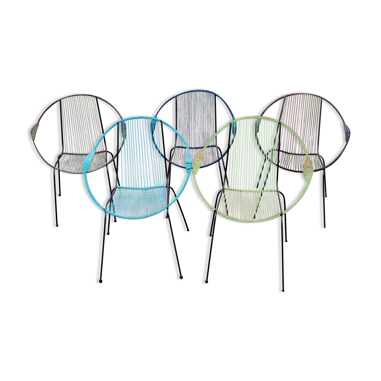 Set of 5 iron and scoubidou chairs from the 50/60s