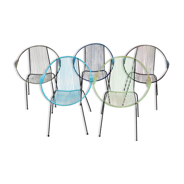 Set de 5 fauteuils en fer et scoubidou des années 50/60