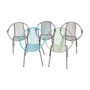 Set of 5 iron and scoubidou chairs from the 50/60s