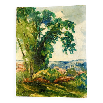 Oil on wood early 20th century countryside view