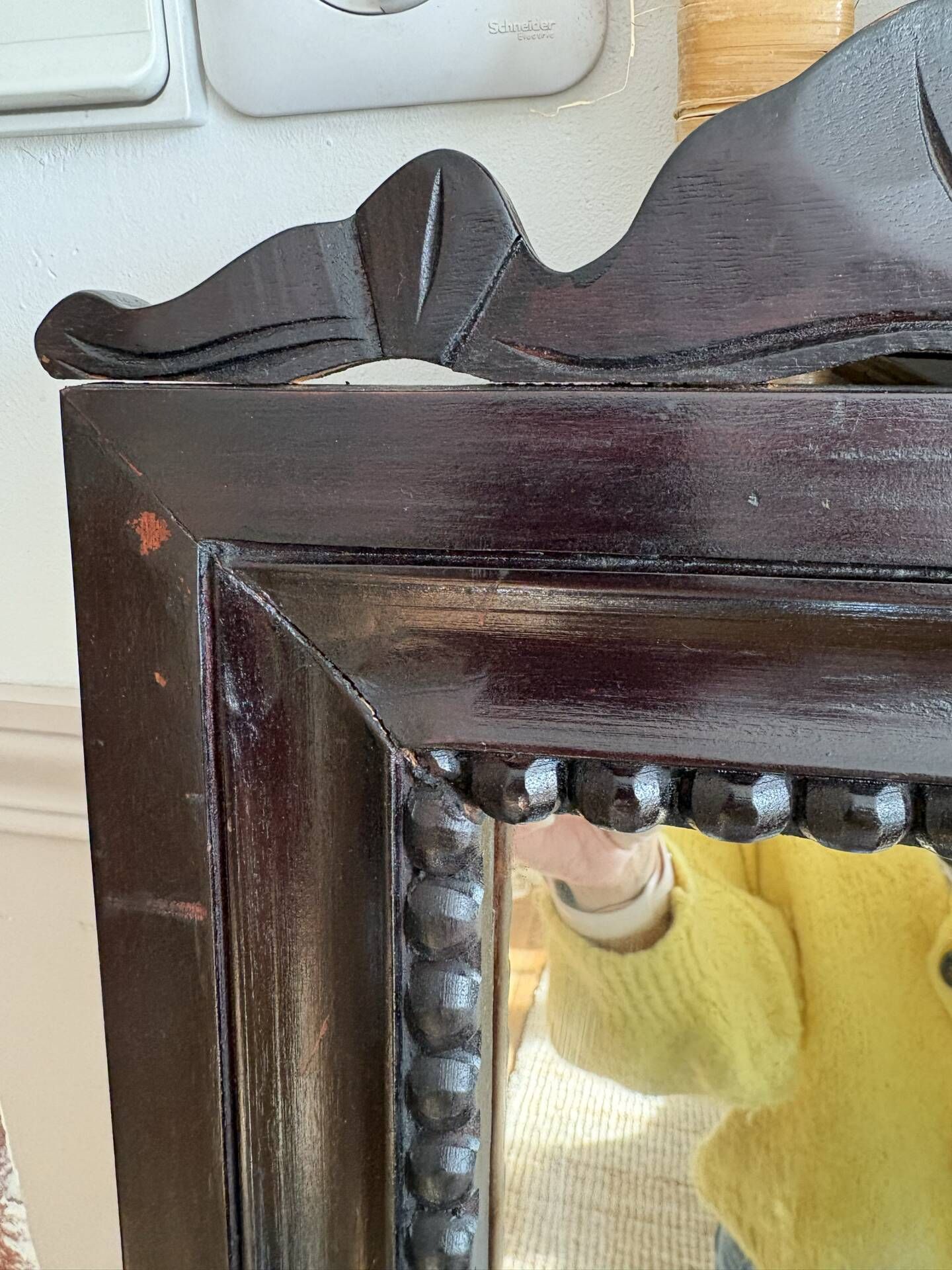 Large antique wooden mirror with sculpted pediment in boho style 118x57cm