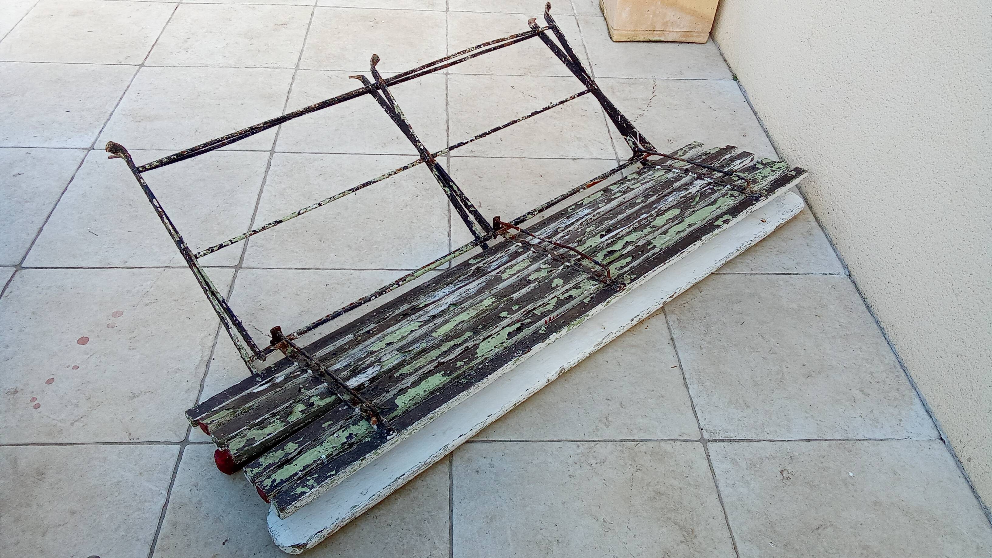 Vintage foldable wrought iron wood garden bench