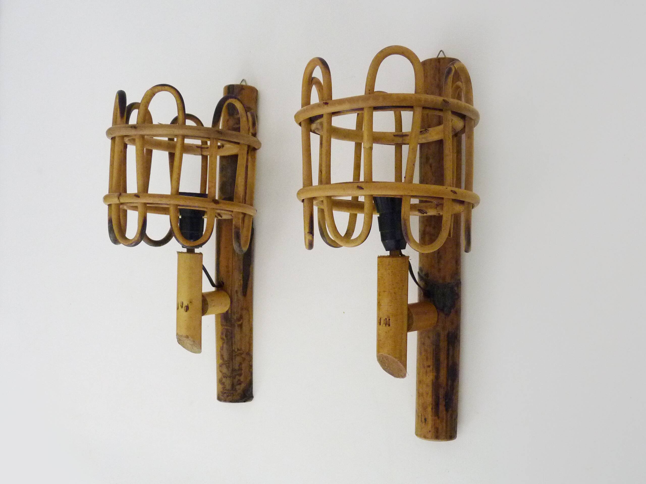 Pair of rattan bamboo lantern wall lights. 1950s-1960s