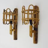 Pair of rattan bamboo lantern wall lights. 1950s-1960s