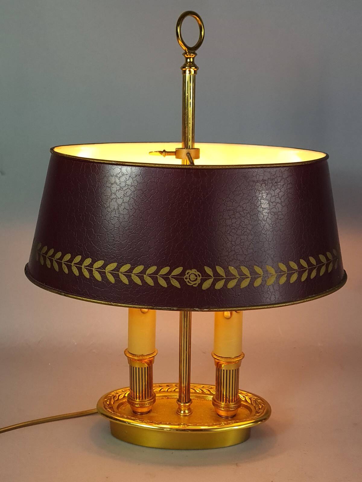 Lampe bouillote style Empire bronze doré abat-jour métal bordeaux C548
