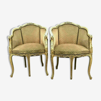 Pair of Louis XV style armchairs in 20th century patinated beech