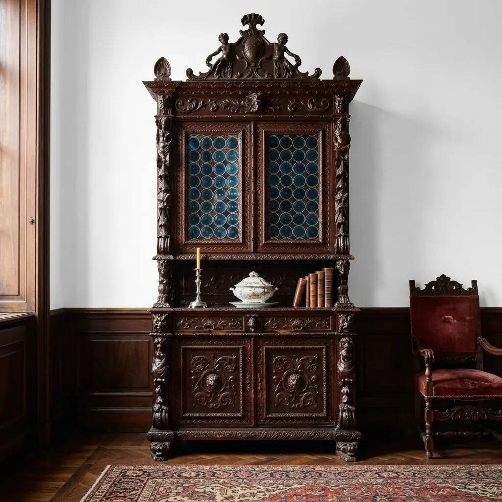 Antique neo-baroque display cabinet carved in walnut, Italy, 19th century