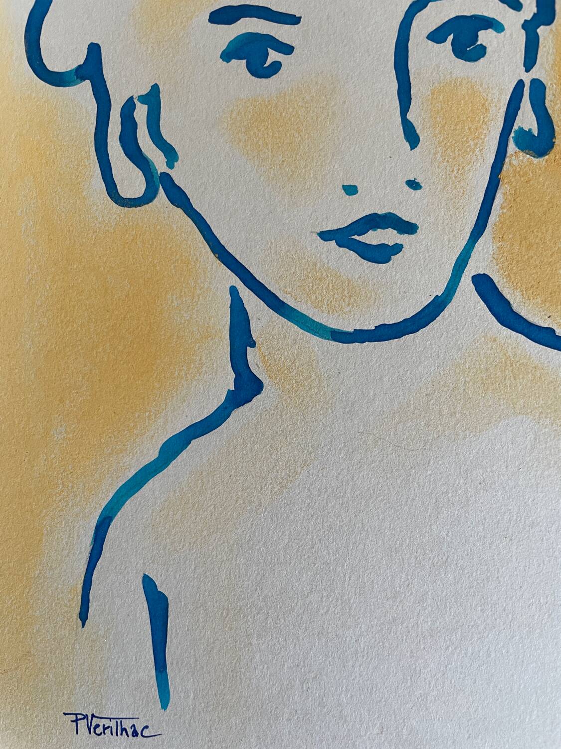 Signed painting in Chinese ink and pastel, “art deco” female portrait