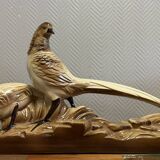Pair of golden pheasants from the Art Deco period in brown glazed ceramic
