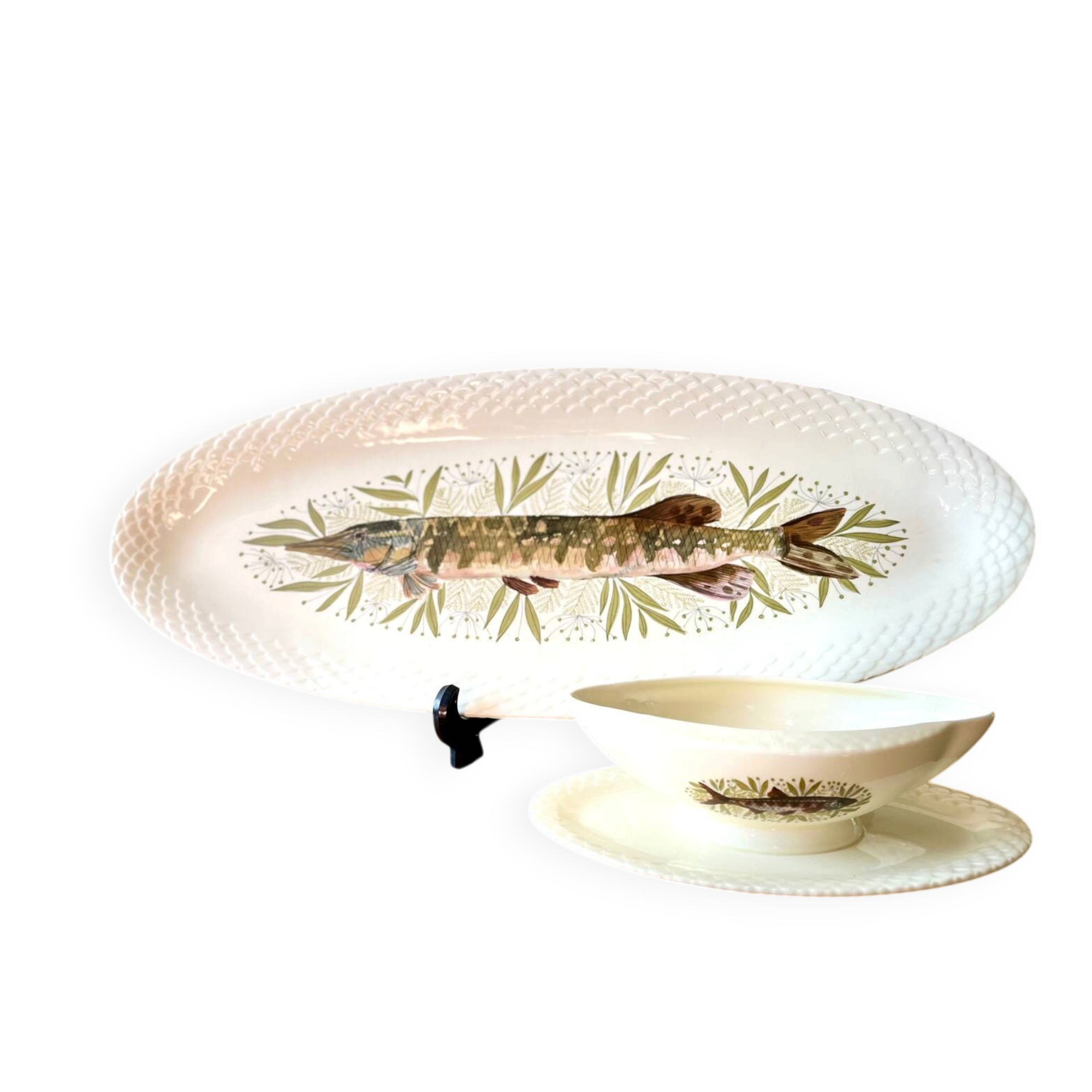 Large fish platter with its sauce boat, annecy model, vintage gien.