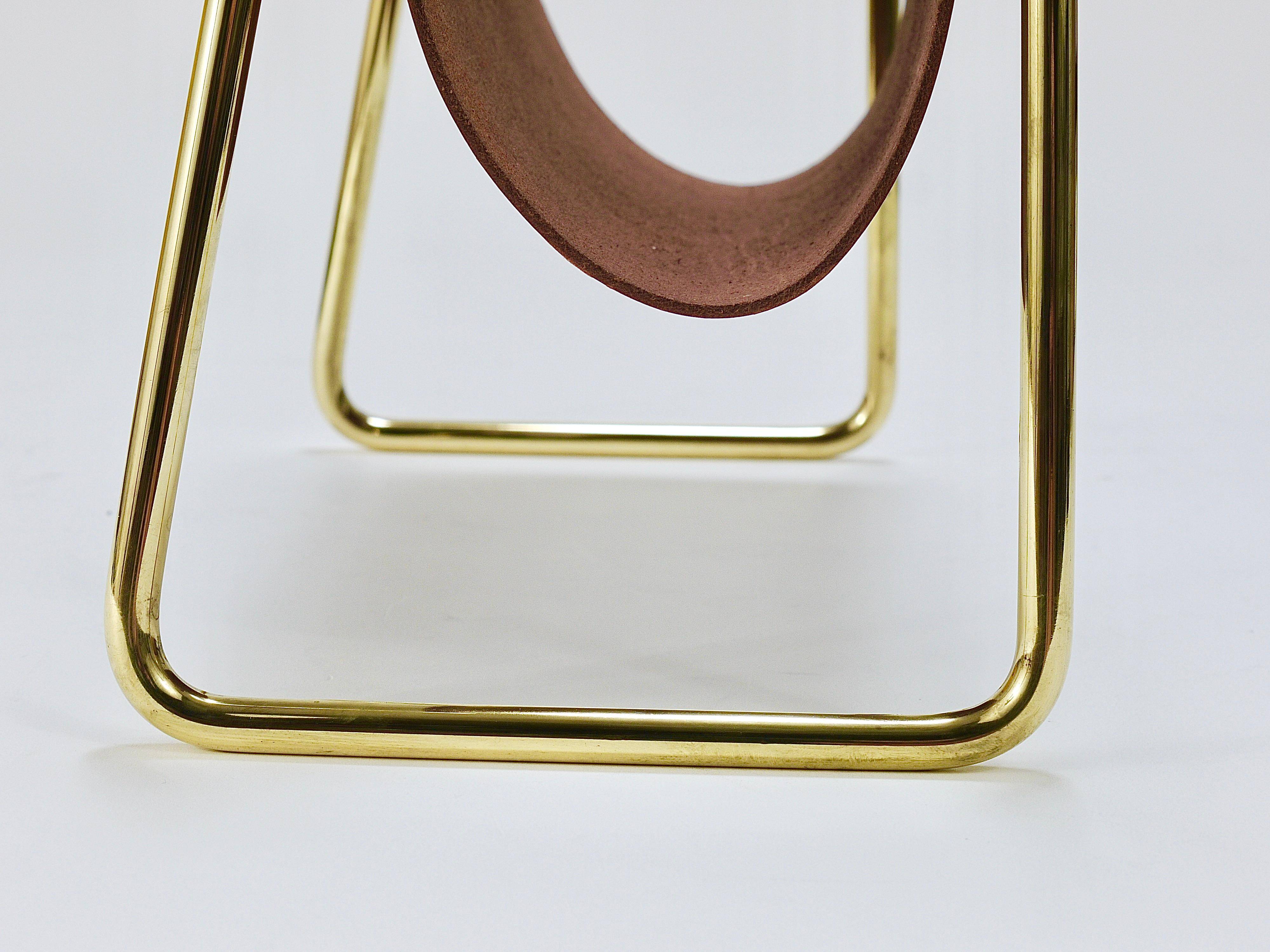 Porte-revues Carl Auböck II Midcentury, laiton et cuir marron, vintage, Autriche
