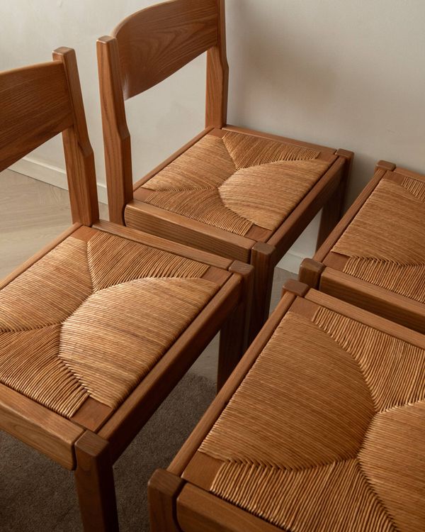 Chaises de salle à manger en frêne et paille de style mid-century par Maison Regain, années 1970, ensemble de 4.