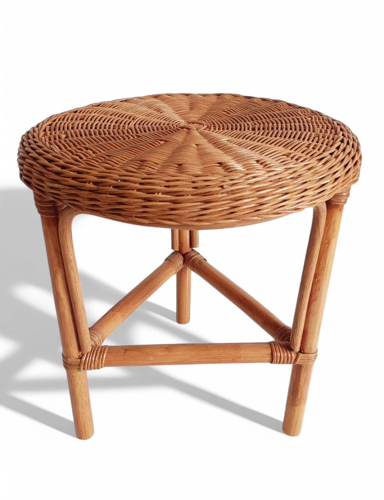 1960s Handmade Vintage French Riviera Wicker & Bamboo Side Table