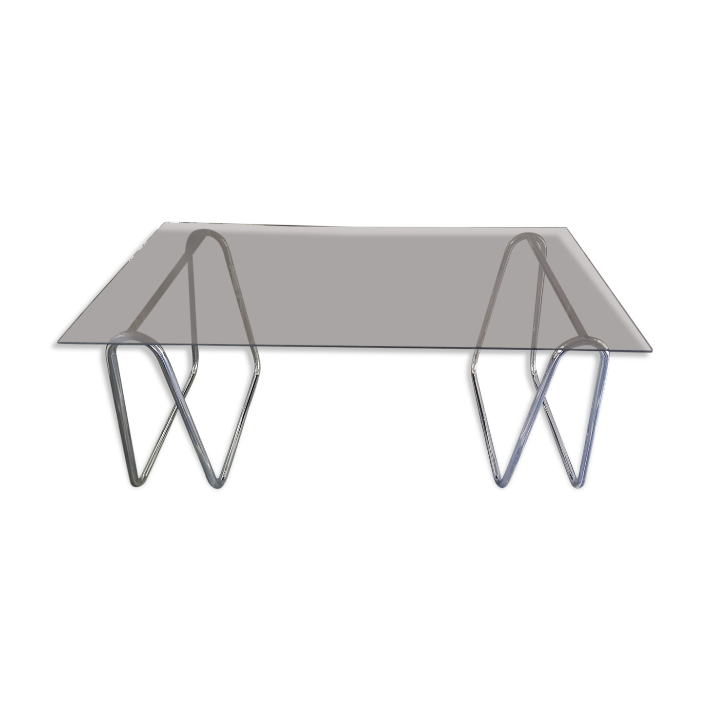 Bauhaus office smoky glass tray and chrome steel trestles