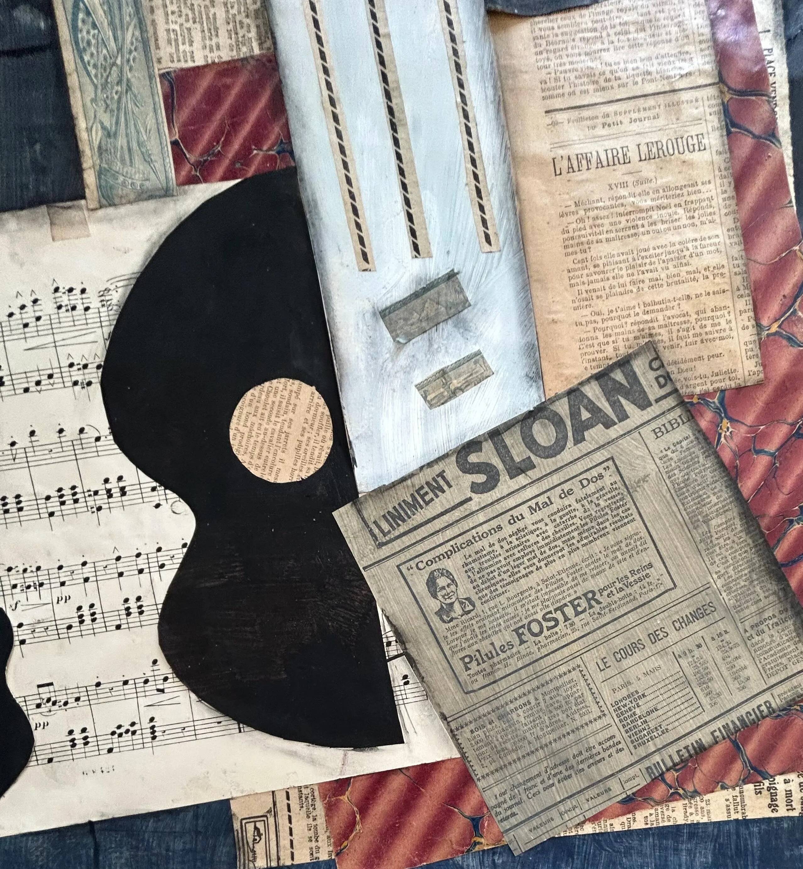Original Vintage Cubist Collage Guitar Vintage Carved Wood Frame