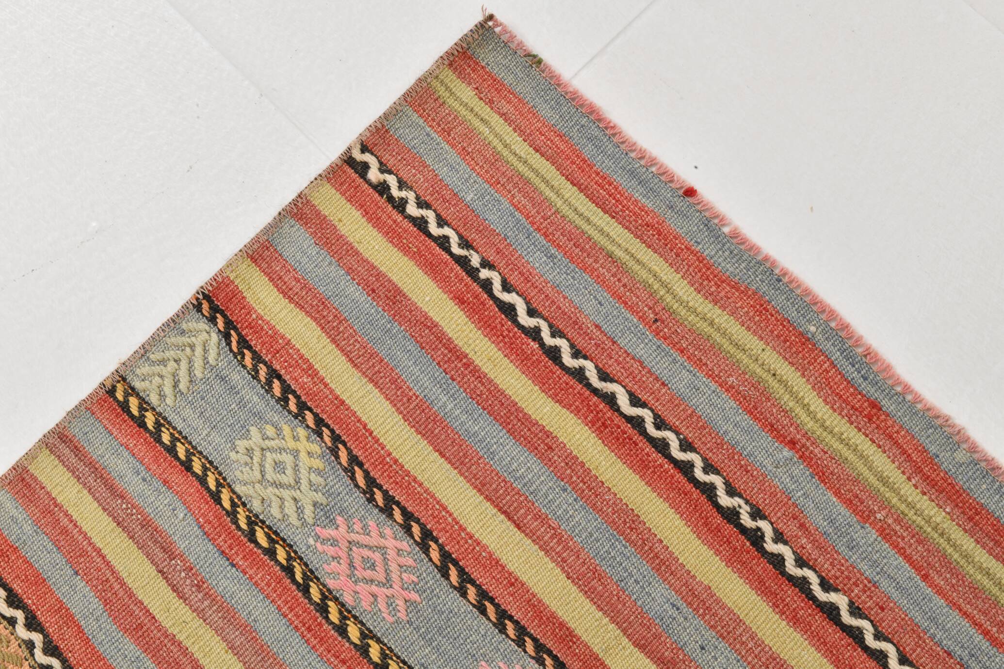 3x0 Blush Pink & Blue Striped Vintage Kilim Runner, Rugs For Bohemian Entry