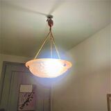 Art Deco Suspension Lamp in Pastel Pink Frosted Glass Signed Degué France 1930s