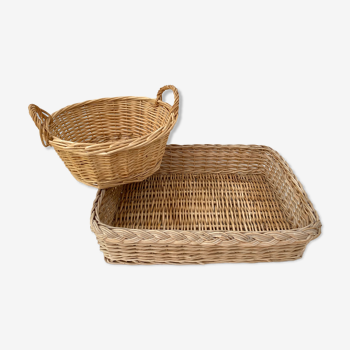 Duo of baskets in braided rattan