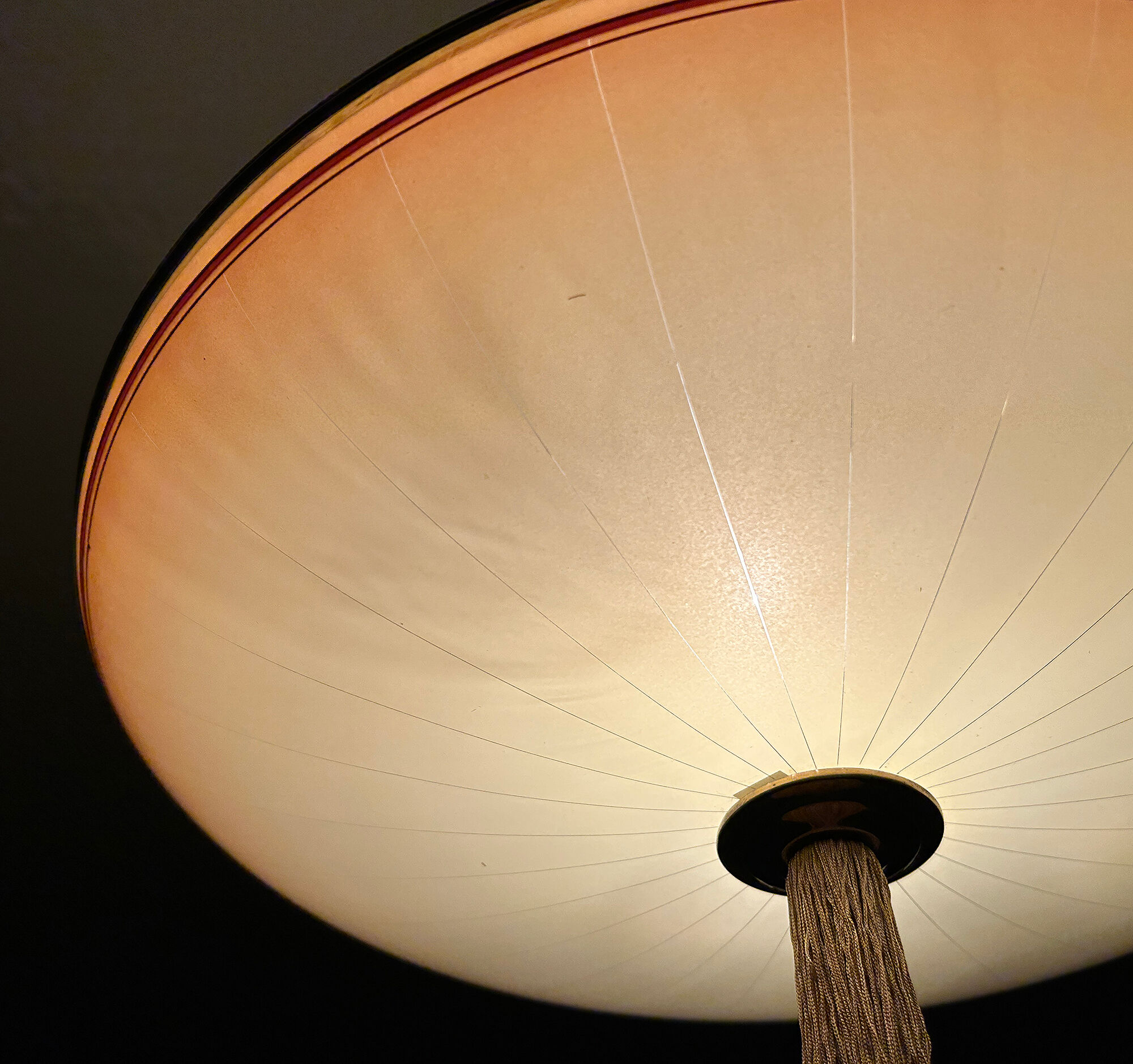 Vintage art deco pendant lamp, gradient glass, red beige, brass, 30 years