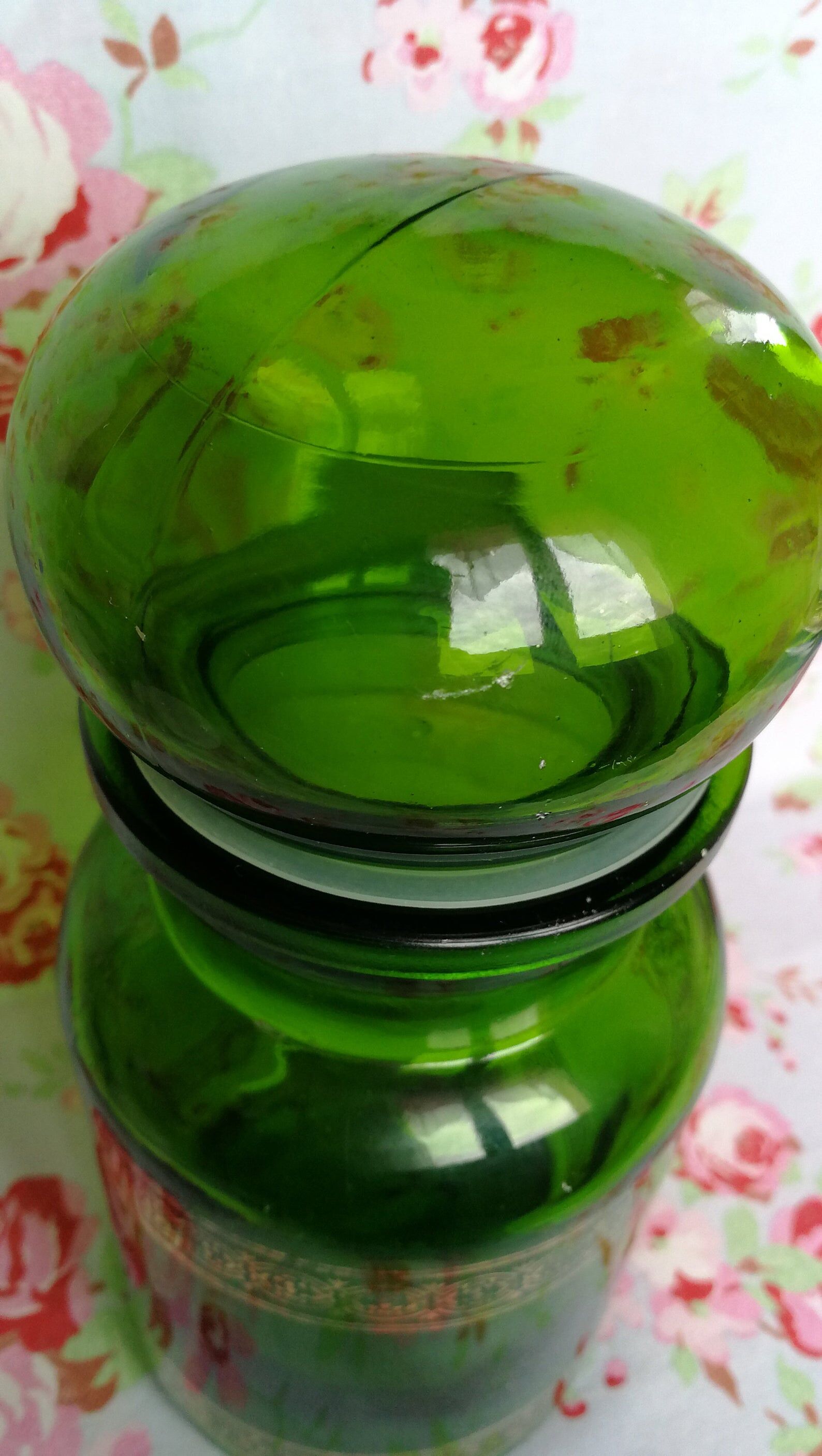 Green glass apothecary flask and golden edars old pot