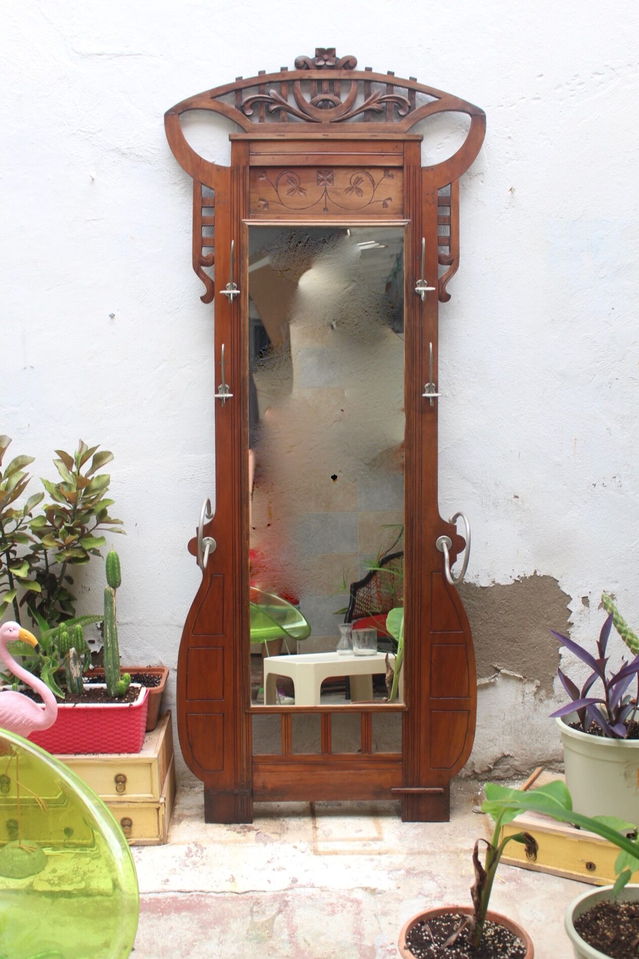 Art nouveau entrance cherry tree wood coat rack with mirror 1890s
