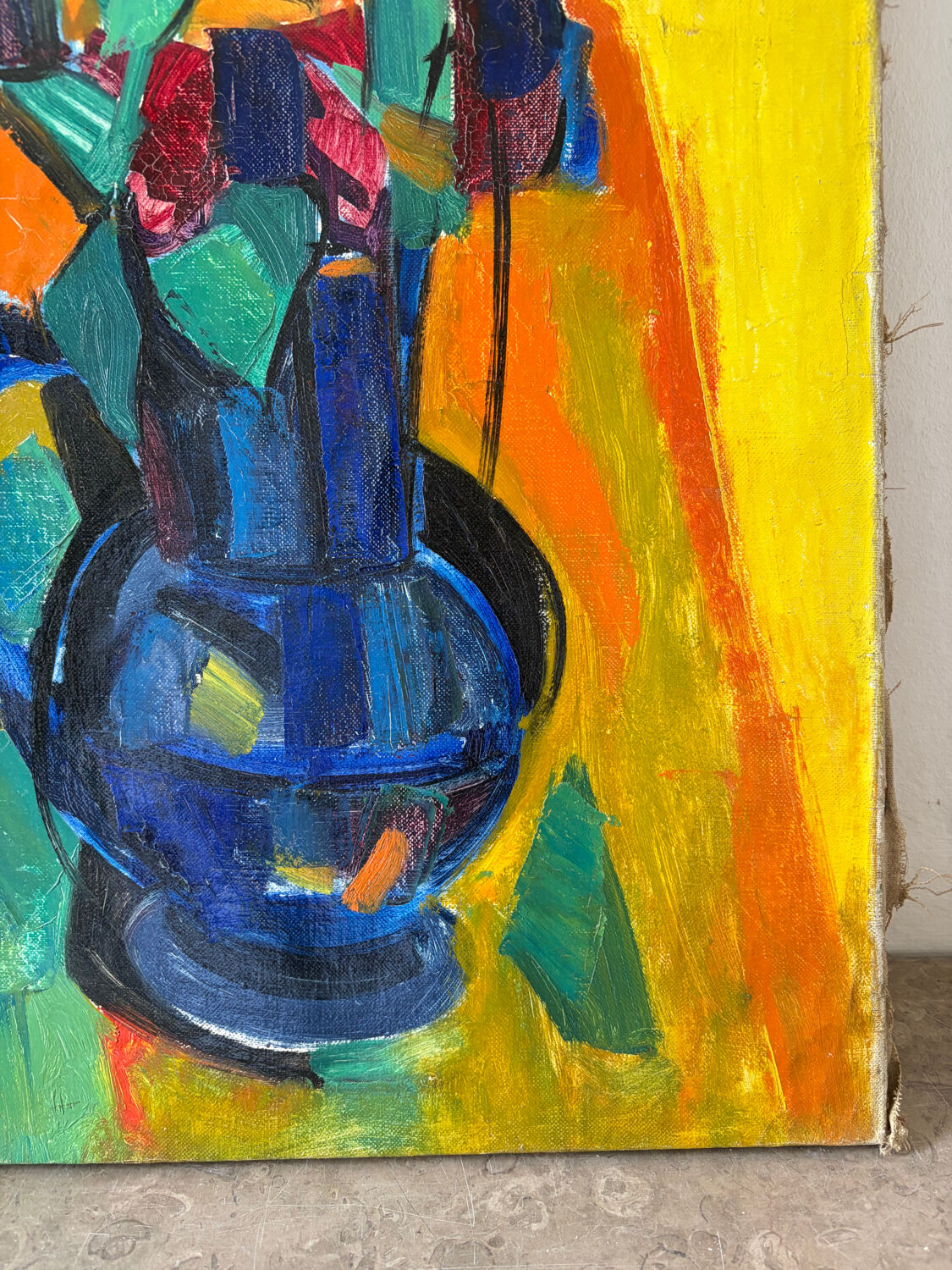 Bouquet of flowers in a blue vase, knife technique.