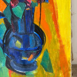 Bouquet of flowers in a blue vase, knife technique.