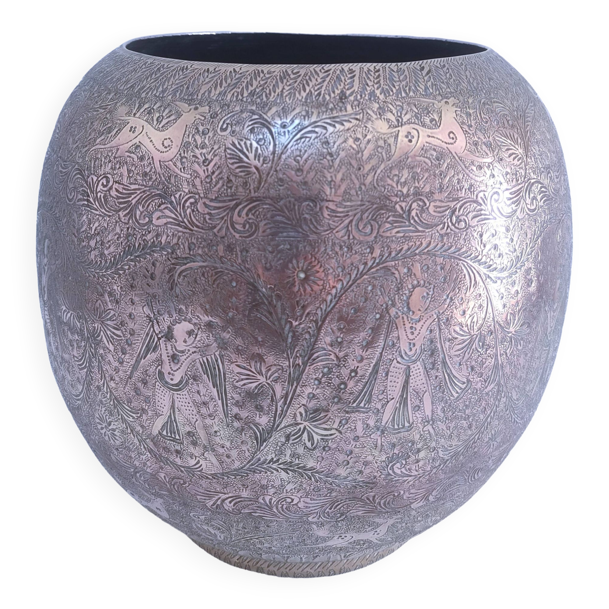 Solid brass pot cover engraved decor animal plant characters