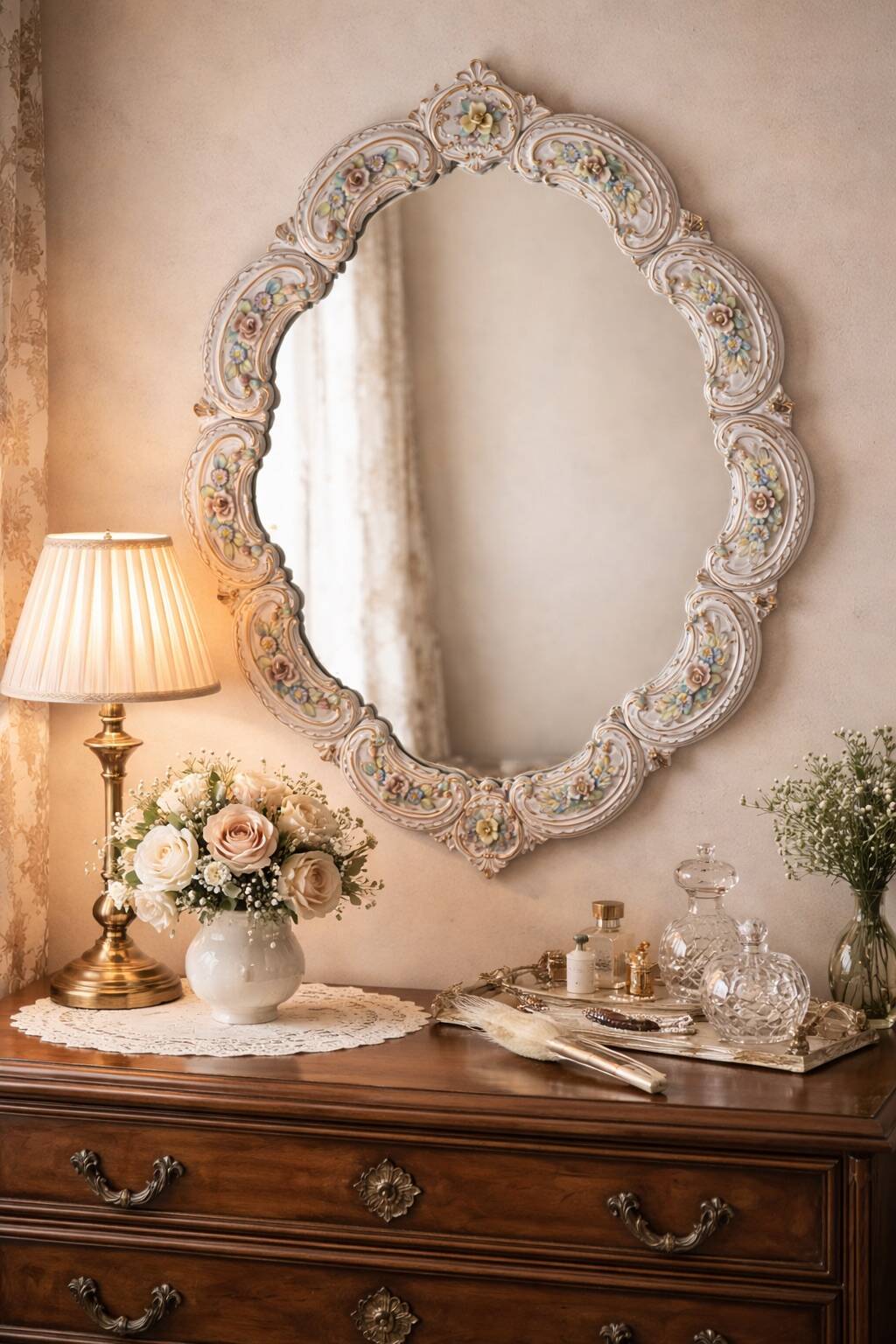 Rococo mirror in floral and gilded Saxon porcelain – Louis XV style