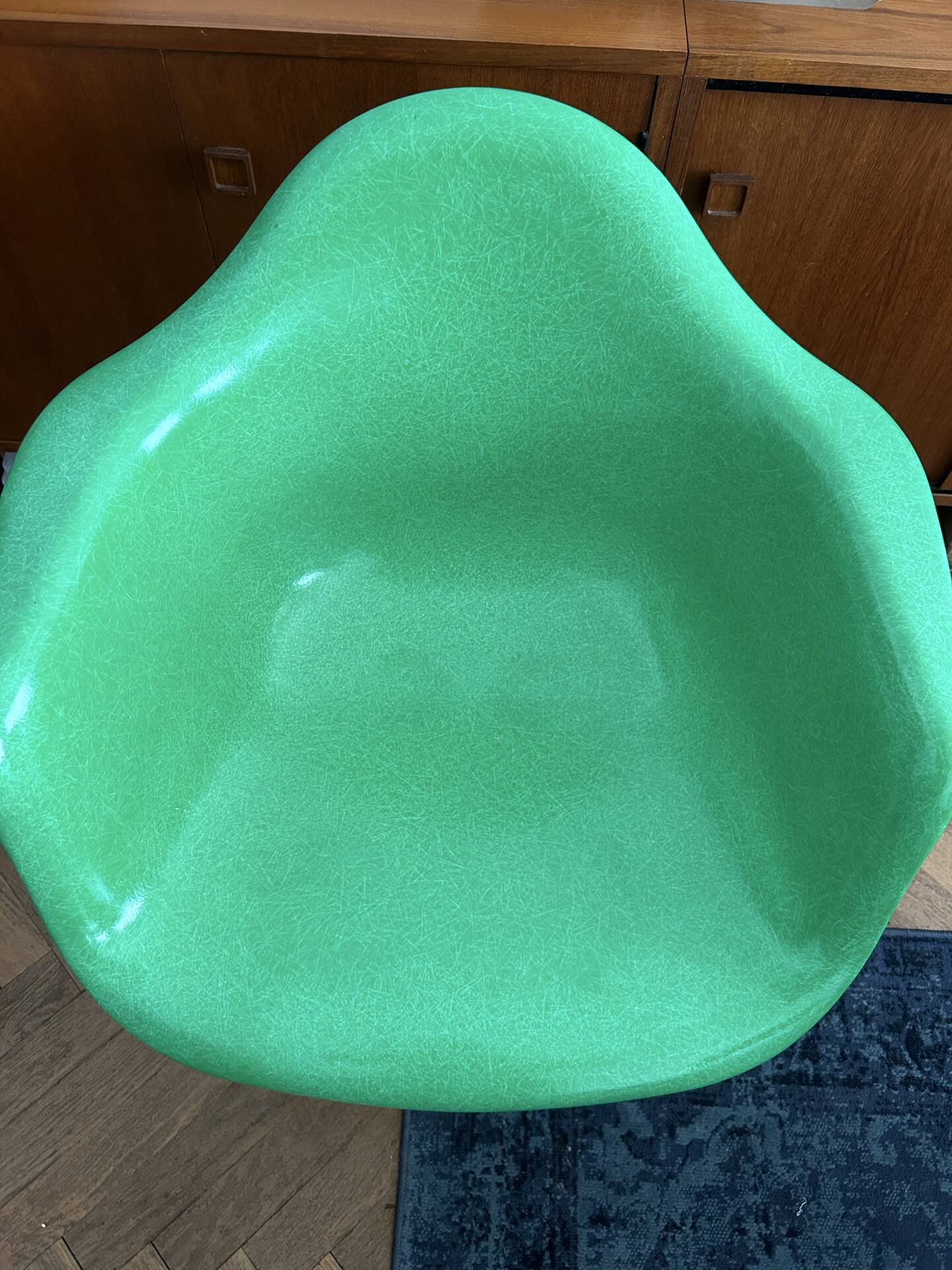 Ray and Charles Eames Fibreglass Arm Shell Dowel Chair Green