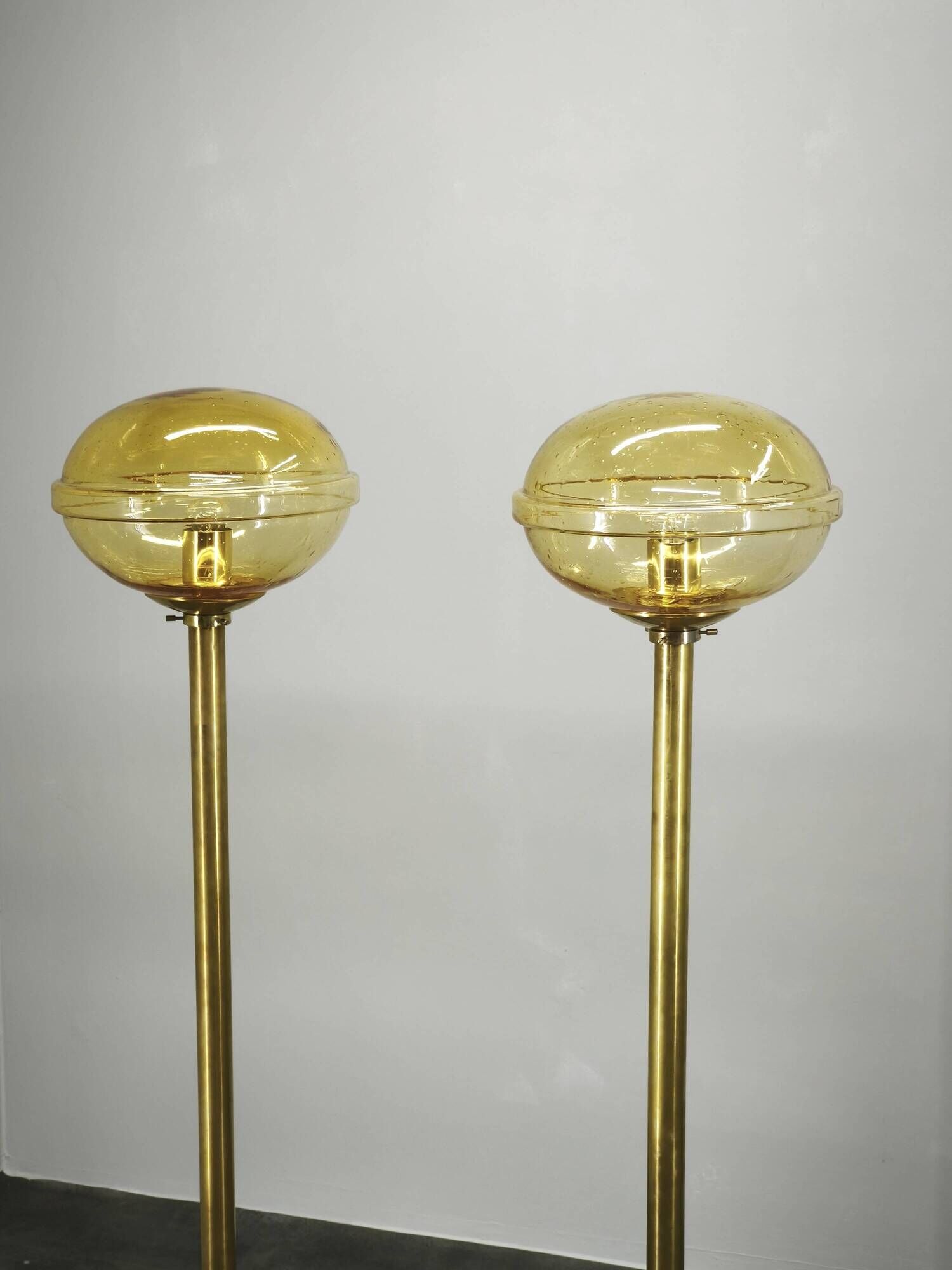 Pair of Brass and Amber Glass Floor Lamps from Kamenický Šenov, 1970s