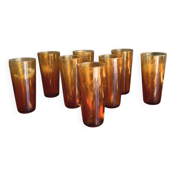 8 gobelets vintage en verre bullé ambré dlg Biot