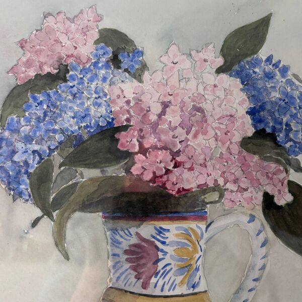 Aquarelle Hortensias dans pichet Quimper