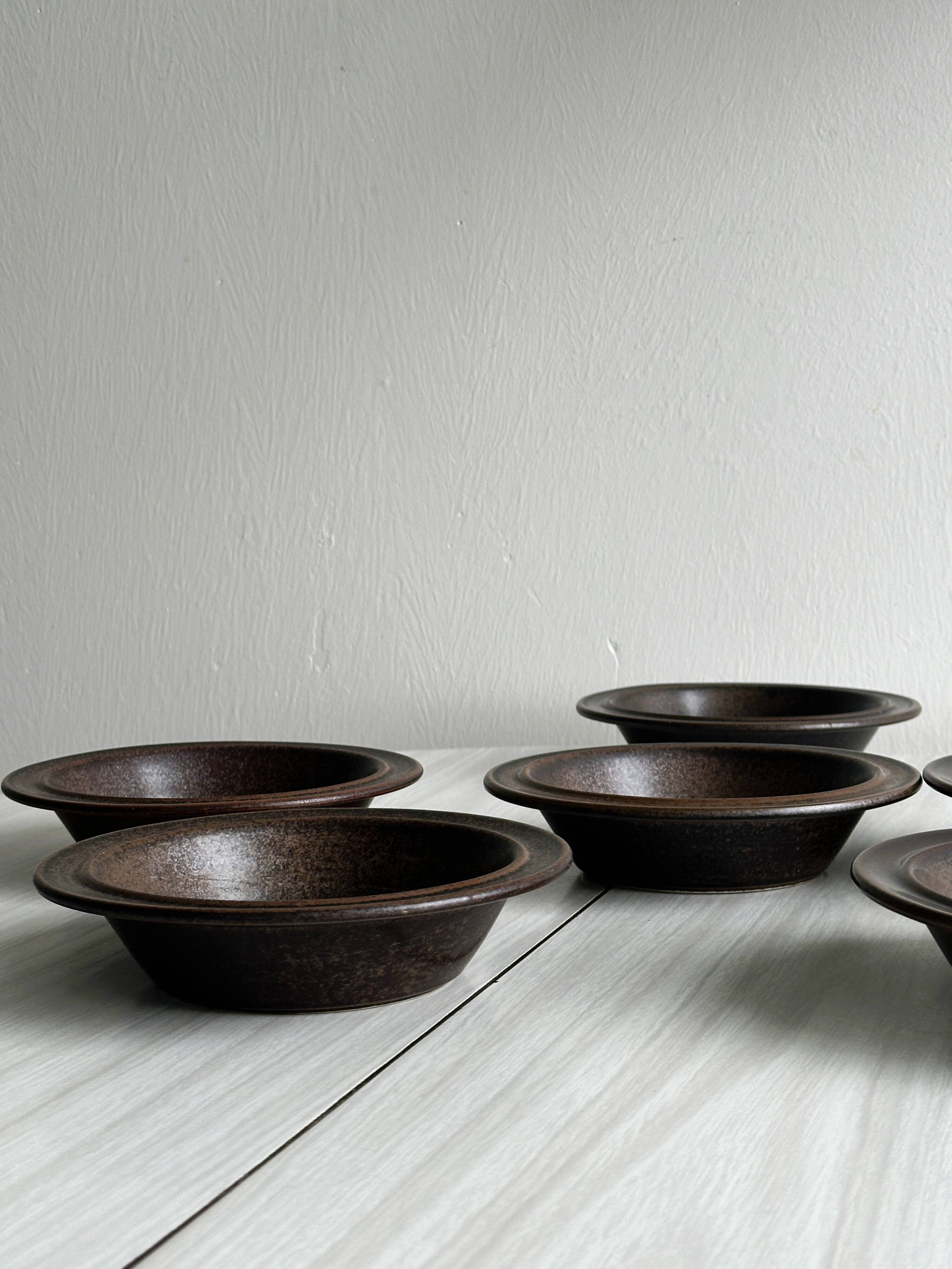 Set of 6 dark brown glazed stoneware bowls