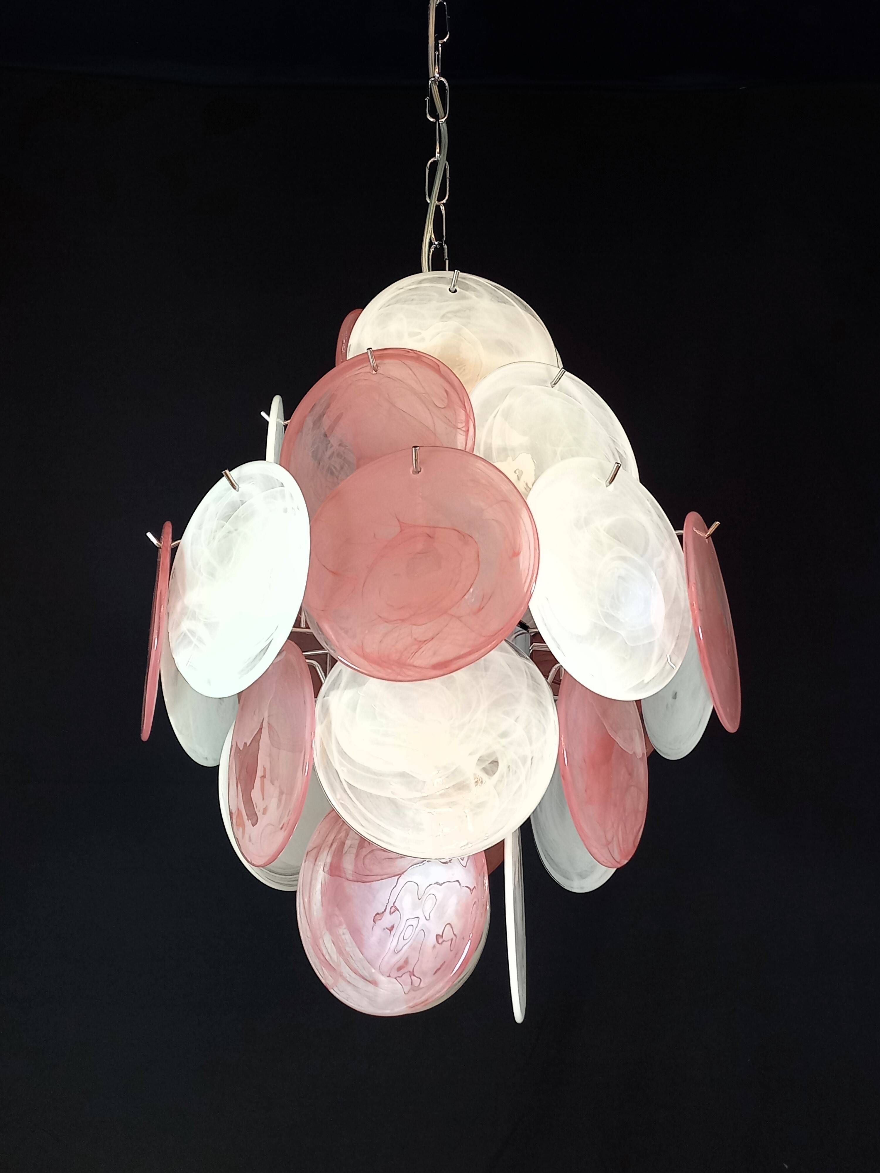 Handcrafted chandelier with alabaster disc glass, Murano glass.