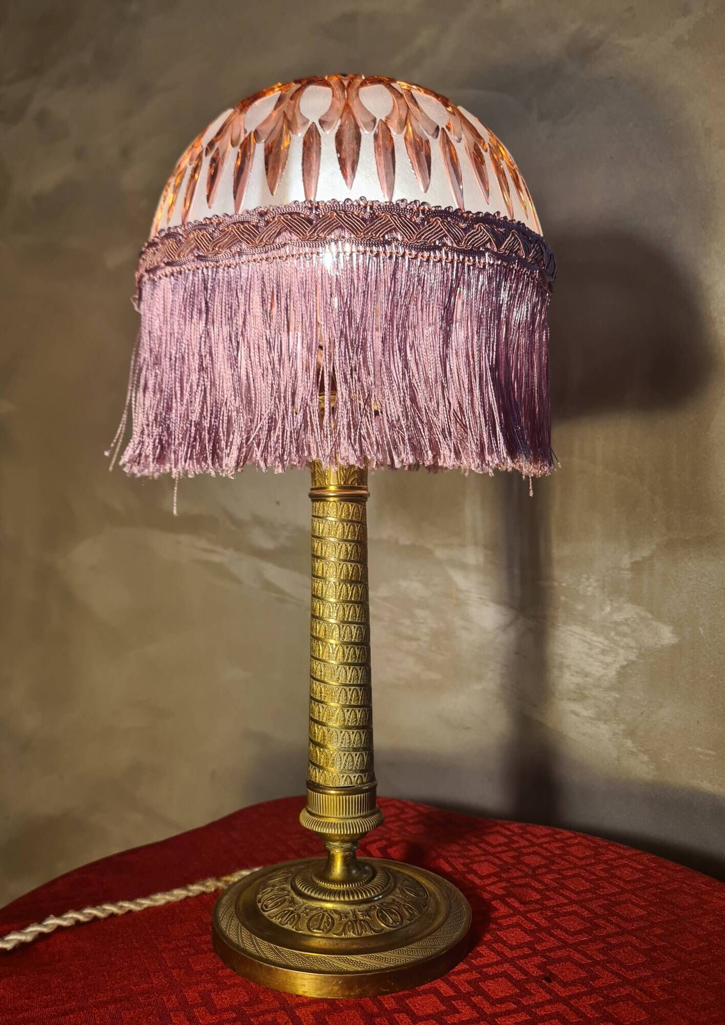 brass column lamp, worked brass from 1880 with cut glass dome, 45x22, superb