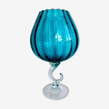 Duck blue textured glass vase from the 60s-70s, Italy, Empoli