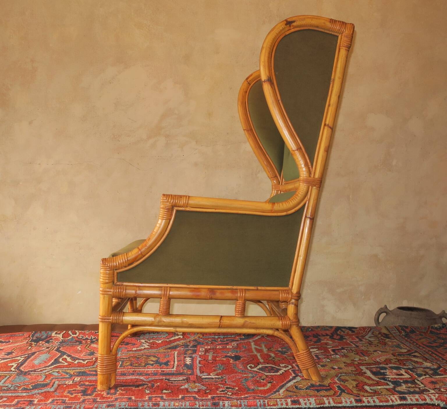 Mid century wing lounge chair in bamboo and olive green, 1960s