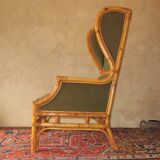 Mid century wing lounge chair in bamboo and olive green, 1960s