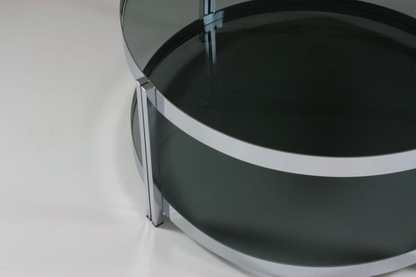 Table basse ronde en métal chromé et plateaux en verre fumé, France 1970s