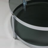 Round chrome-plated metal coffee table and smoked glass tops, France 1970s
