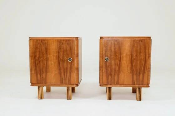 Pair of antique Art Deco bedside tables, walnut veneer, refurbished