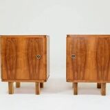 Pair of antique Art Deco bedside tables, walnut veneer, refurbished