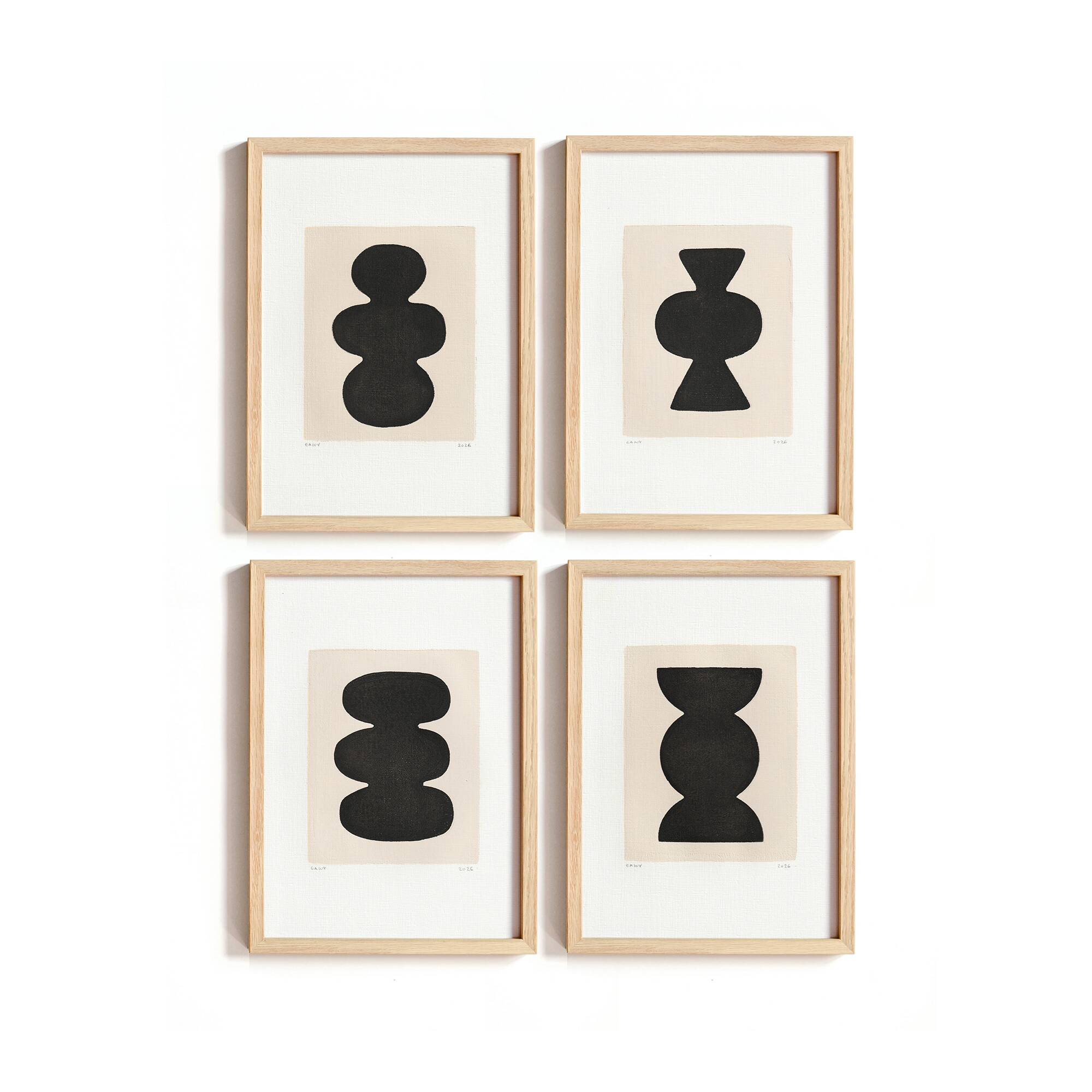 Collection of 4 black abstract paintings signed Eawy.