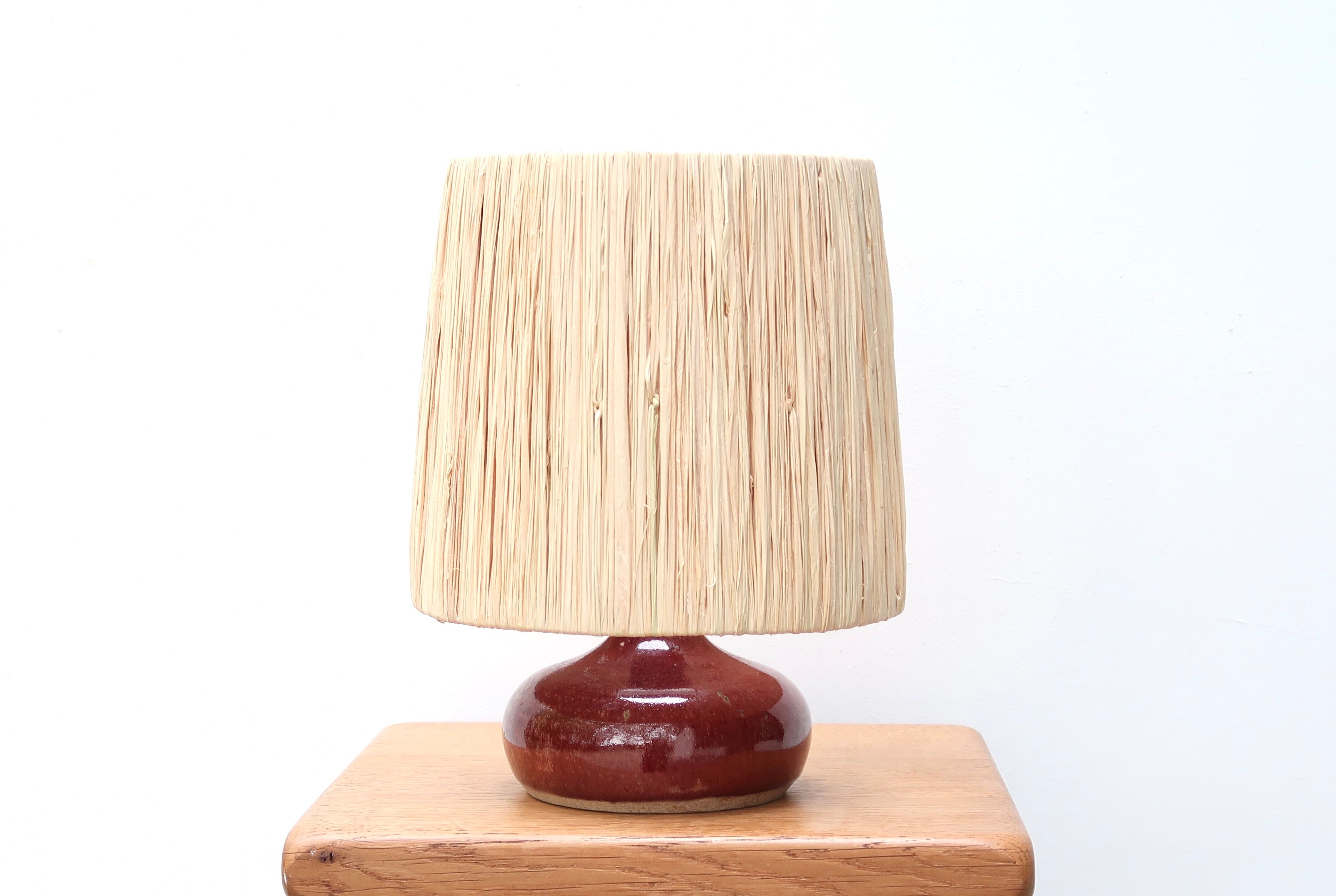 Pink ceramic lamp, raffia lampshade, 70s