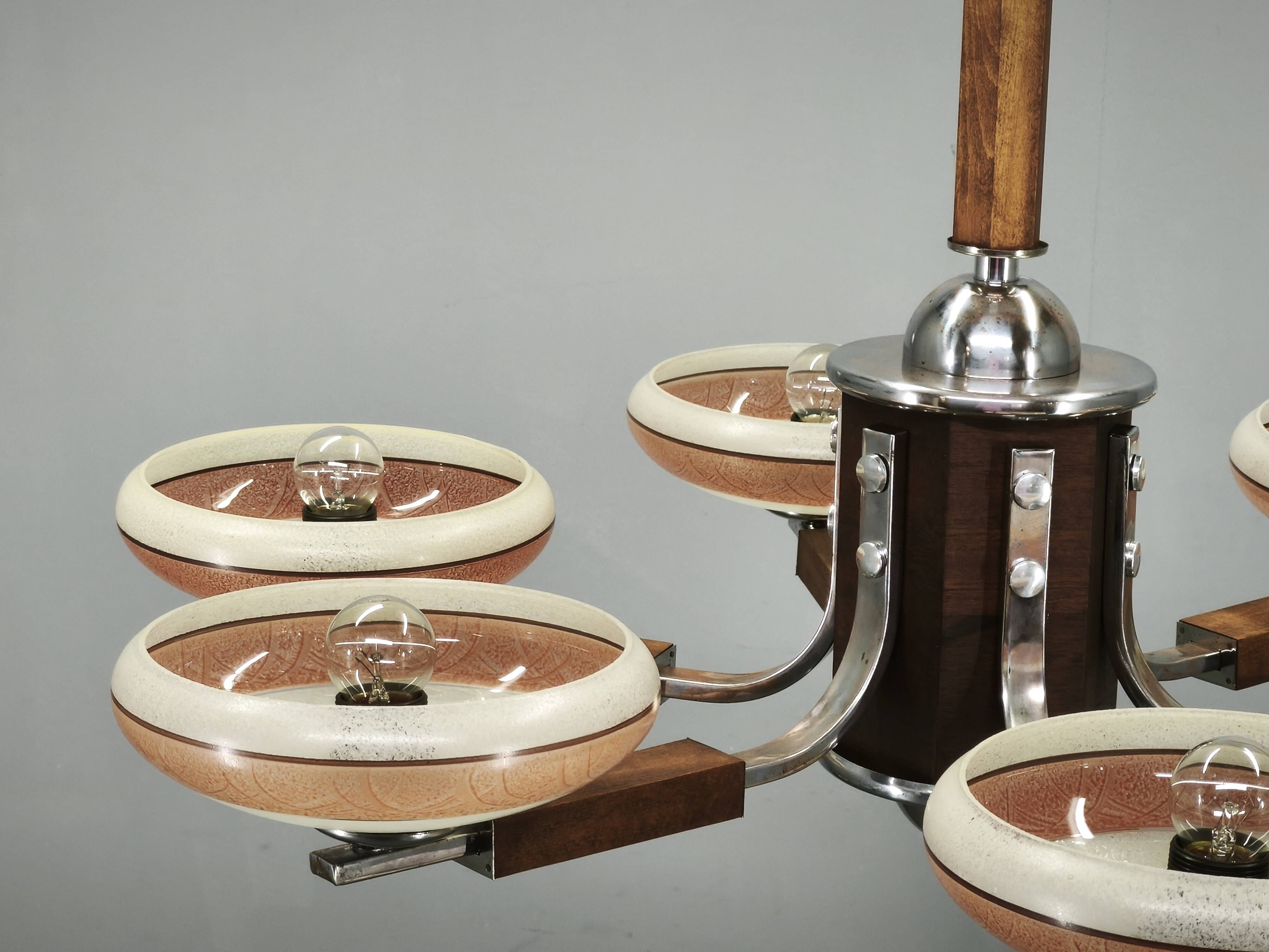 Large Art Deco Chrome, Wood and Glass Six-Light Chandelier, 1930s
