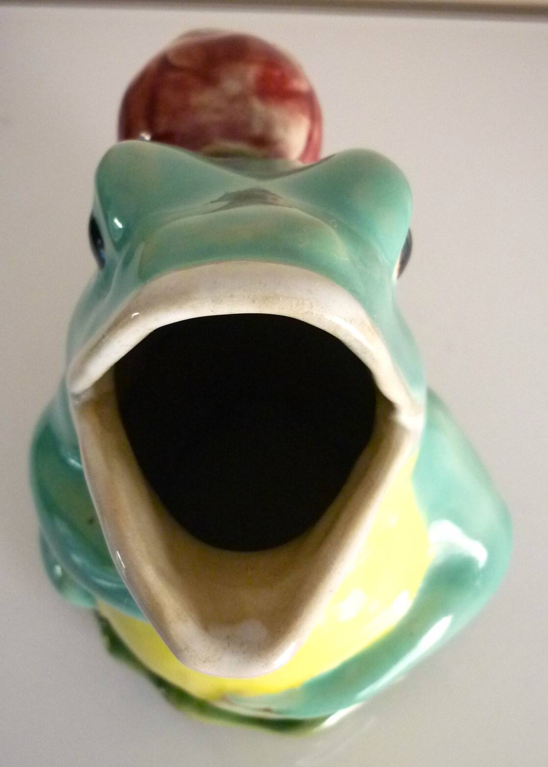 Frog pitcher, glazed ceramic, slipware, signed Athezza Franca