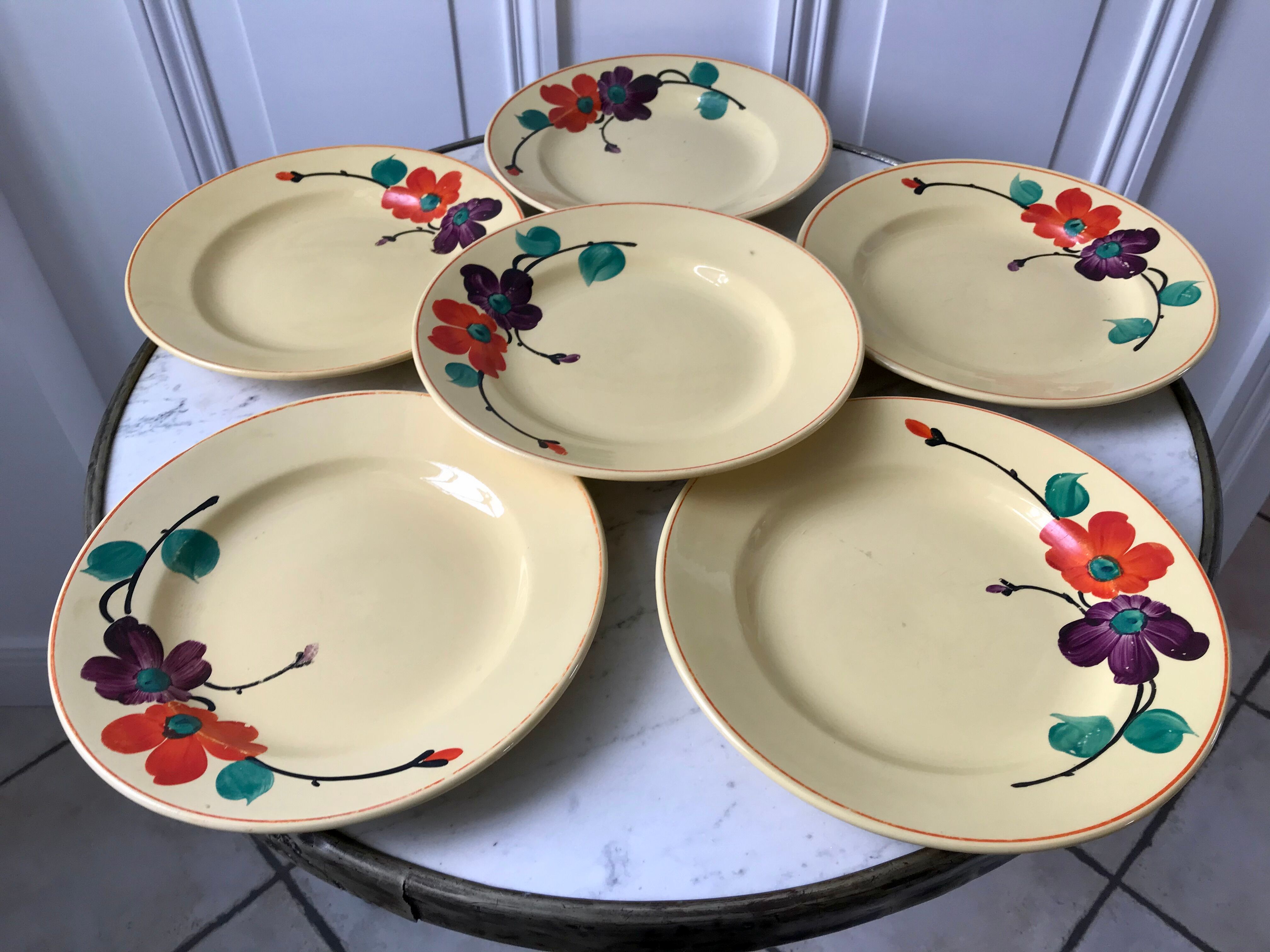 Lot de 6 assiettes plates Digoin Sarreguemines modèle "Ginette" années 30-40