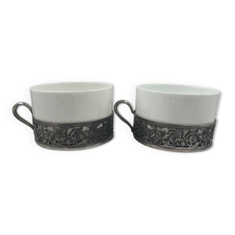 Limoges porcelain and French pewter cups